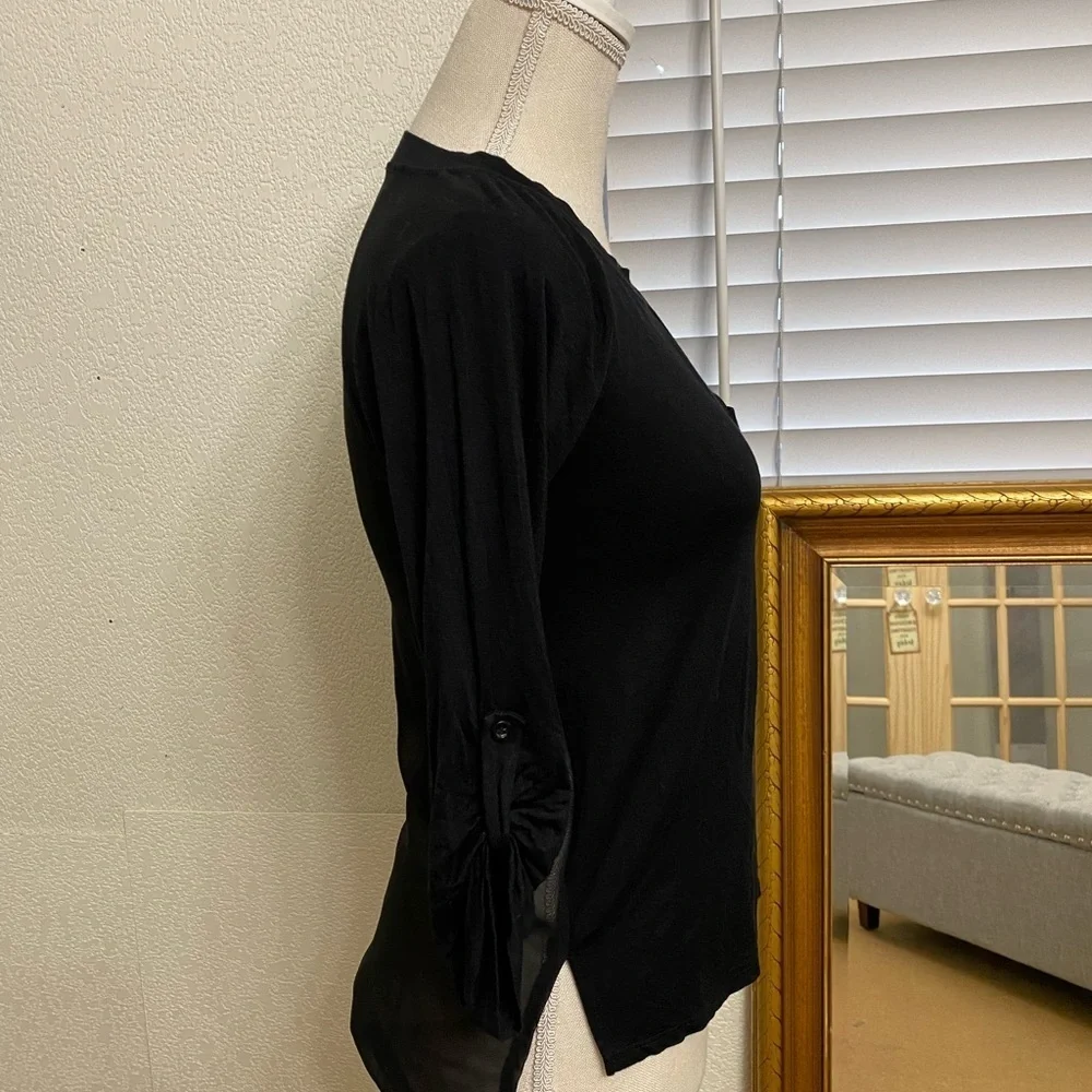 DNA Couture black 3/4 sleeve sheer back hi low top, Sz. S